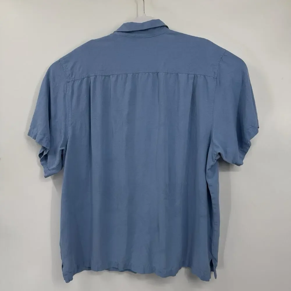 Tommy Bahama Button Shirt Size XXL Blue Silk Short Sleeve Loop Collar Coastal